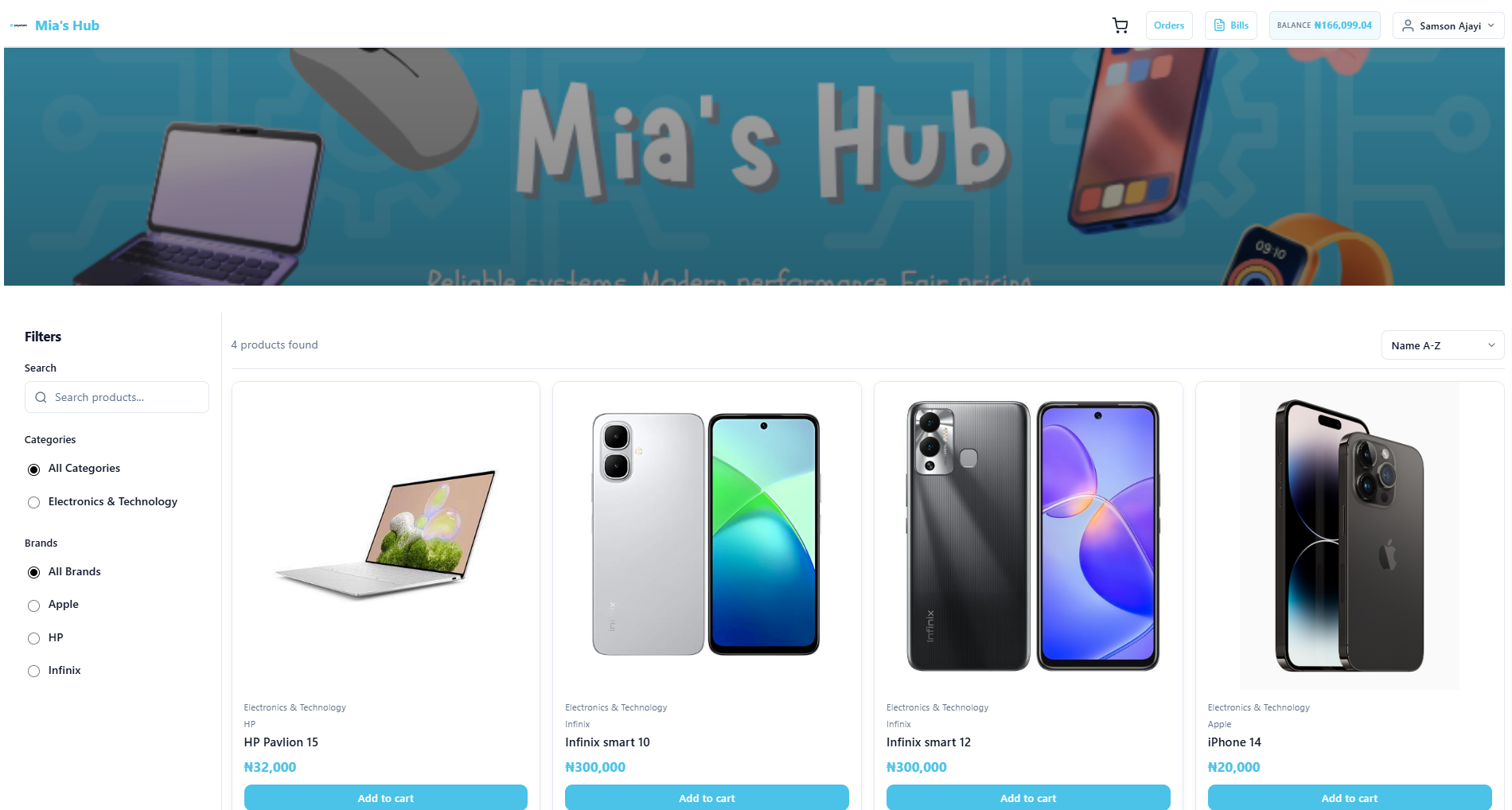 Customer storefront with branded hero banner and shopping experience